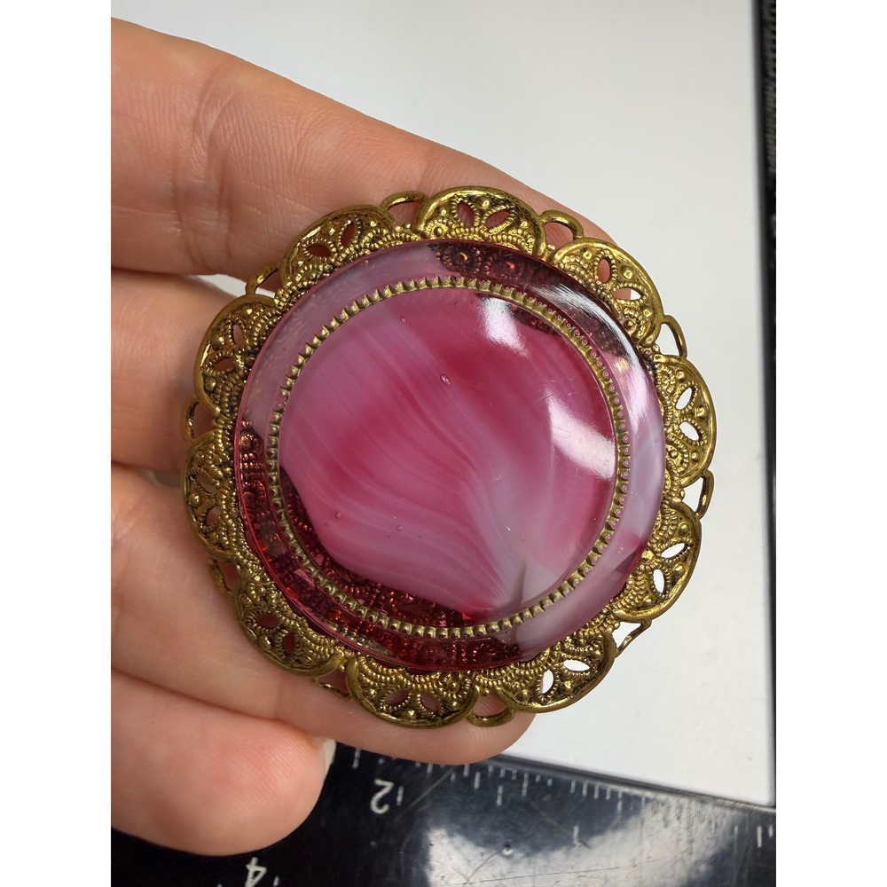 Western Germany Pink Swirl Slag Glass Filigree Brooch Gold Tone Round Pin